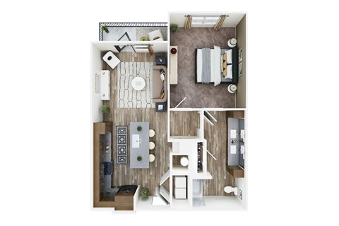 a stylized floor plan with a bedroom and living room